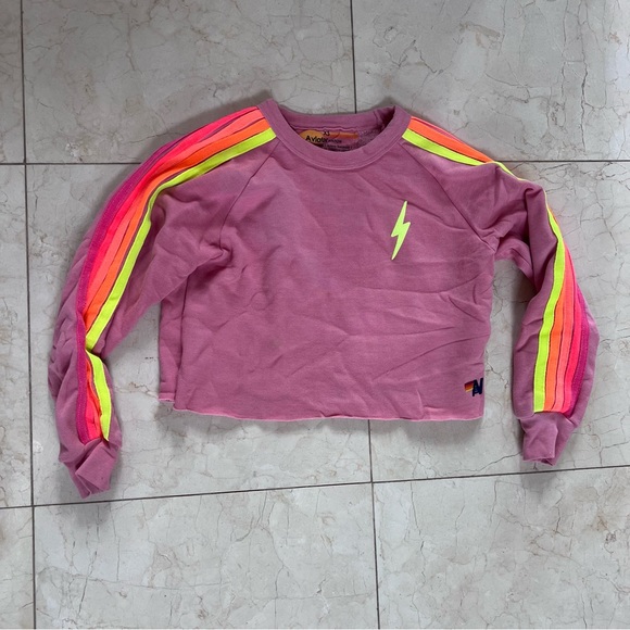 Aviator Nation Sweaters - Aviator Nation Pink Neon Striped Lightning Bolt Cropped Sweater $175